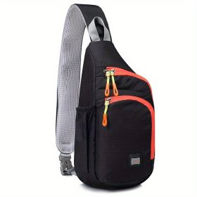 Waterproof Nylon Shoulder Pack; Trendy Zipper Sling Bag With Water Bottle Holder (Color: Black)